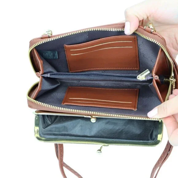 Brown Faux Leather Purse Wallet Cross Body Shoulder Bag Clutch Coin Purse - Picture 4 of 8